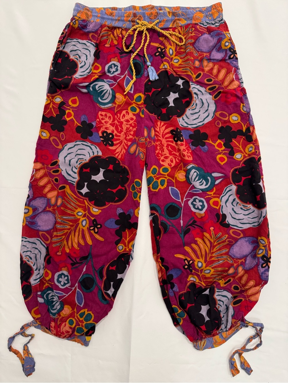 By Anthropologie Harem Pants Boho Floral Tassel Drawstring Cropped Women L